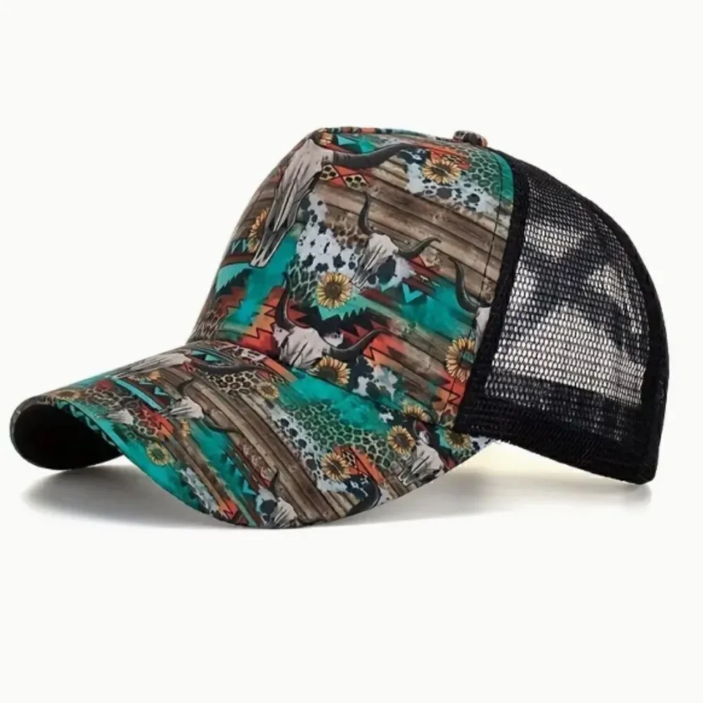 NEW! Southwestern Bull Skull Women's Trucker Hat Ball Cap Longhorn Cow Aztec